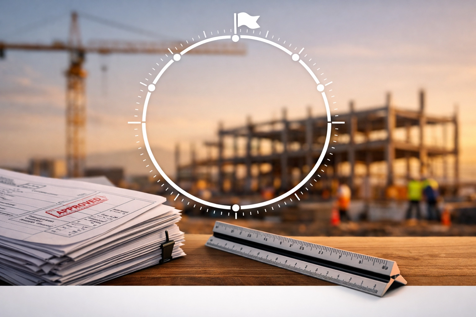 Stamped engineering documents and a project timeline at an Ontario commercial construction site.