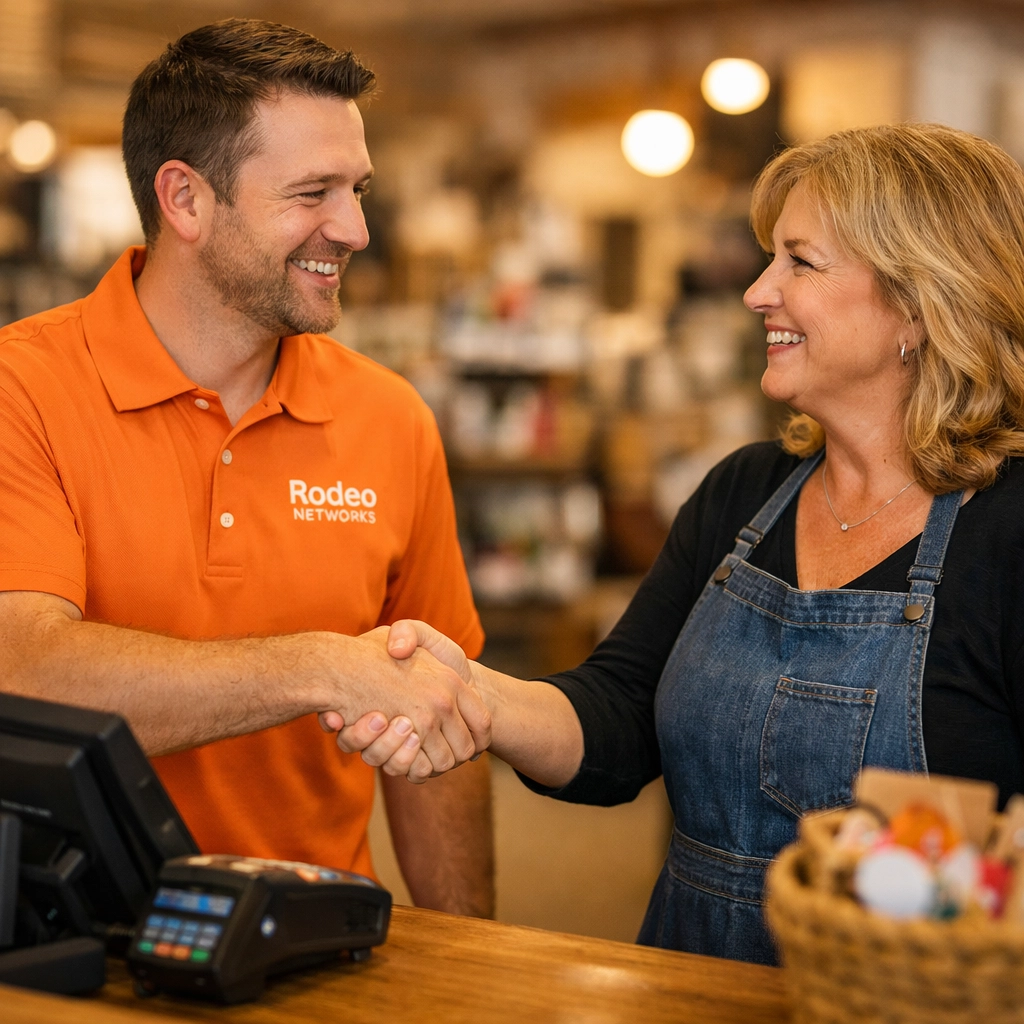Rodeo Internet technician shaking hands with a Ritzville retail owner, highlighting local business support.