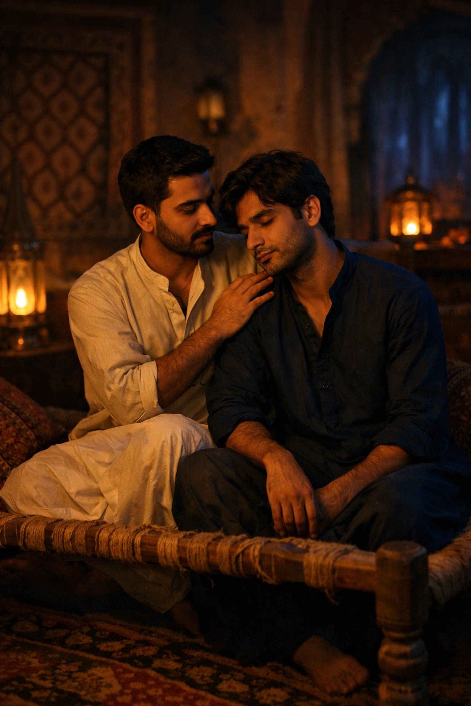 Two South Asian men sharing a moment of hidden love in a traditional Pakistani home.