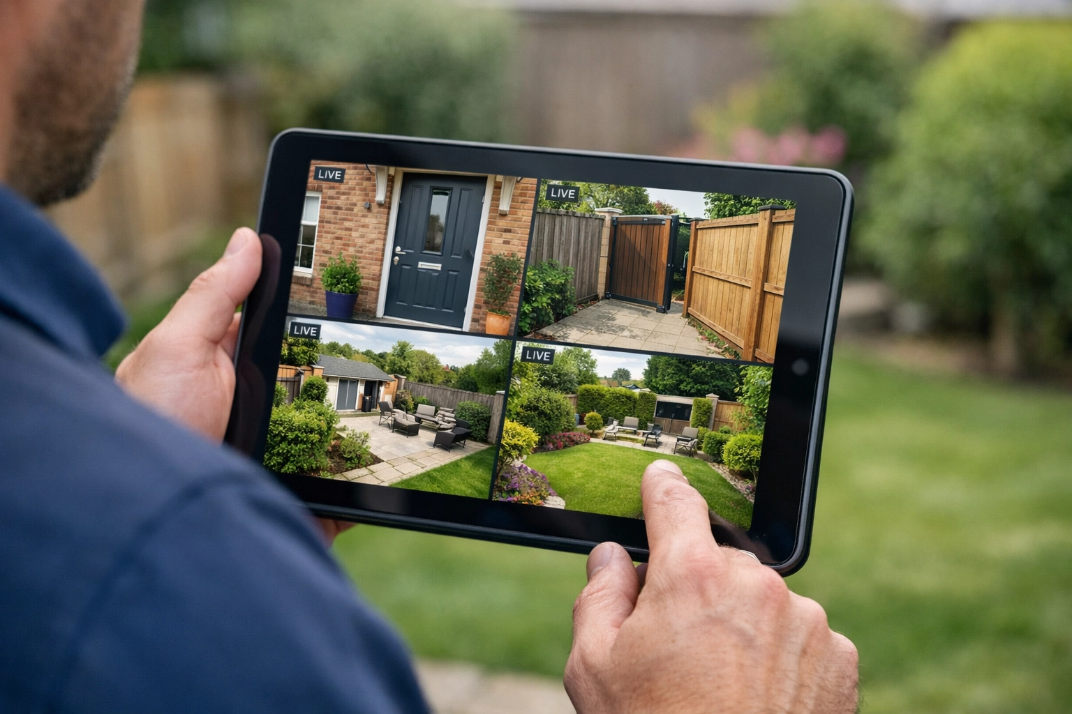 A security technician demonstrating a 4-way split-screen home CCTV camera feed on a tablet for a homeowner.