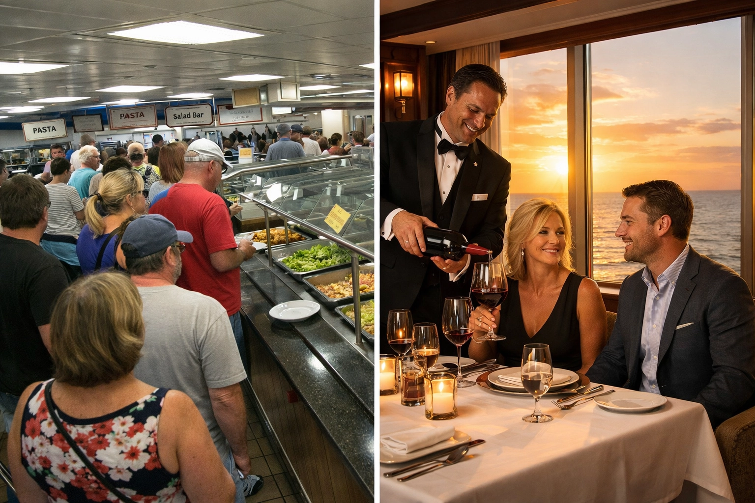 Comparison of crowded cruise buffet versus intimate luxury cruise specialty restaurant