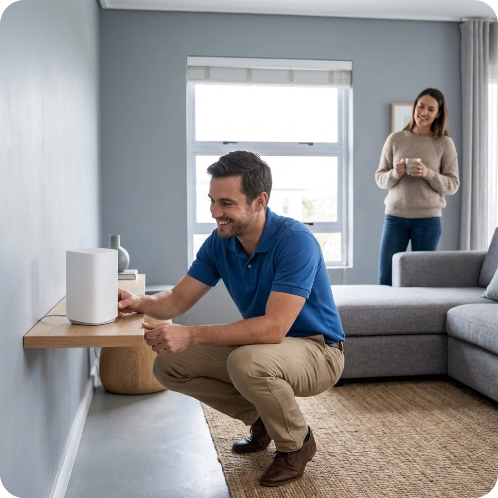 Professional technician installing mesh WiFi system in contemporary Cape Town living room, providing expert connectivity solutions