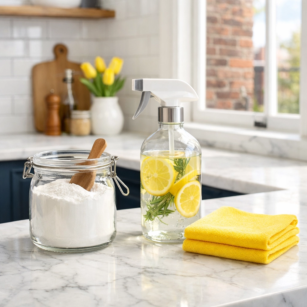 Eco-friendly Apartment Cleaning Boston supplies on a marble kitchen counter in a historic flat.