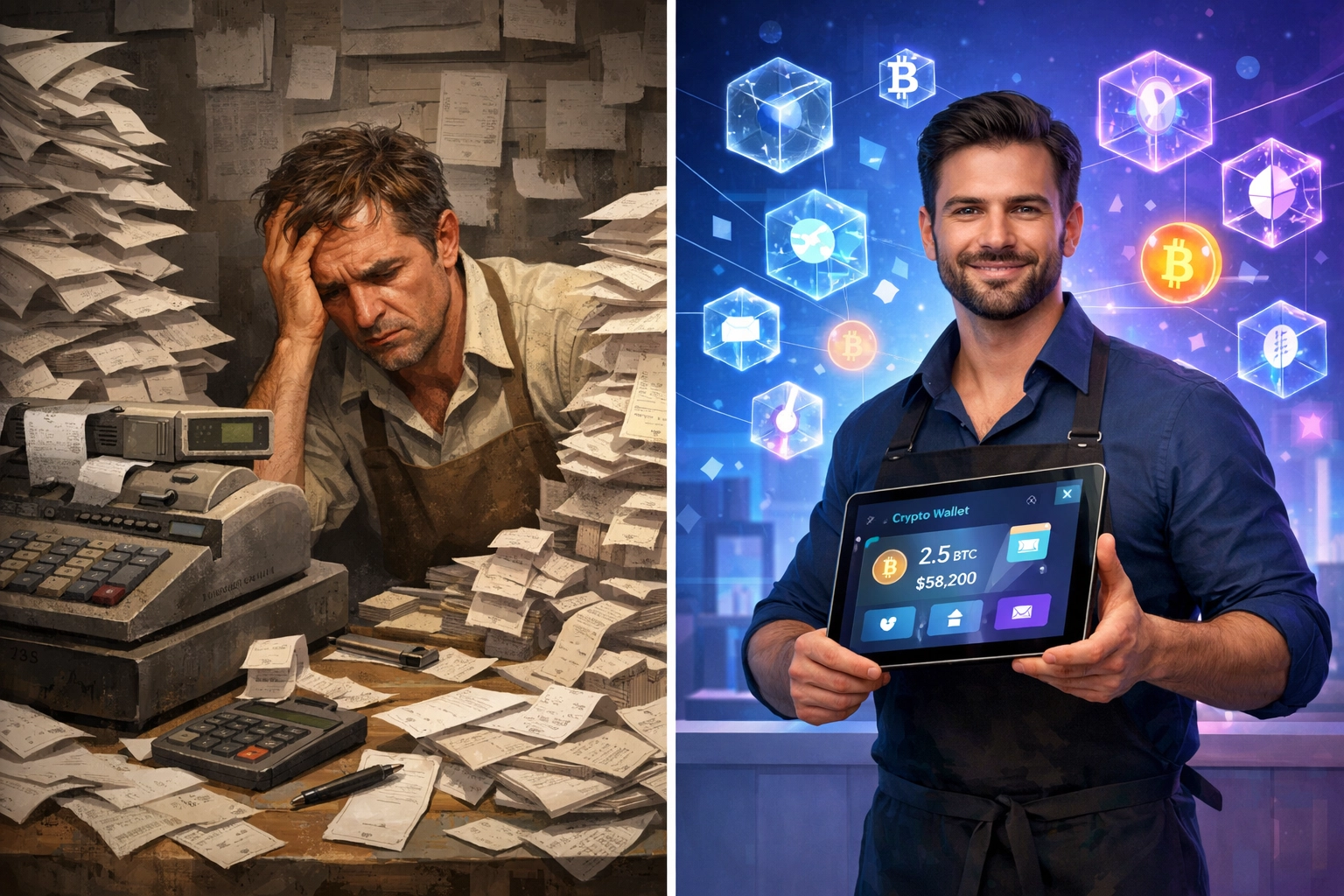 Comparison of traditional payment processing versus self-custody crypto wallet for merchant cost savings