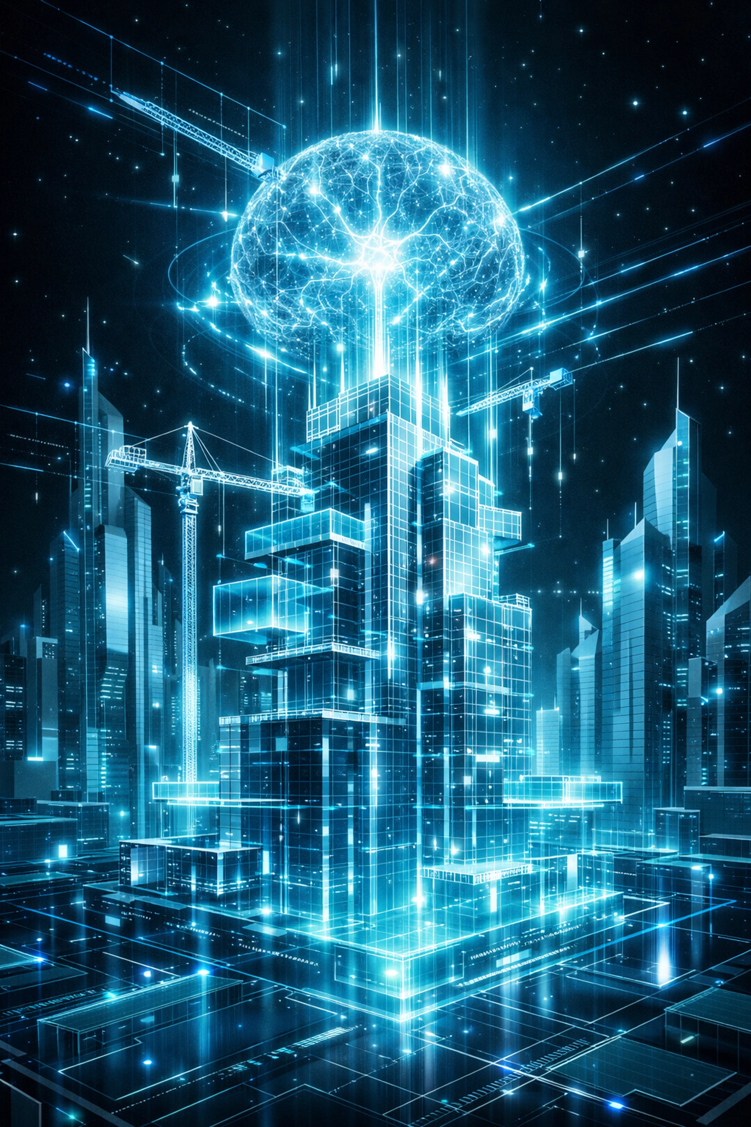 A glowing digital skyscraper being built by AI, representing modern automated business technology stacks.