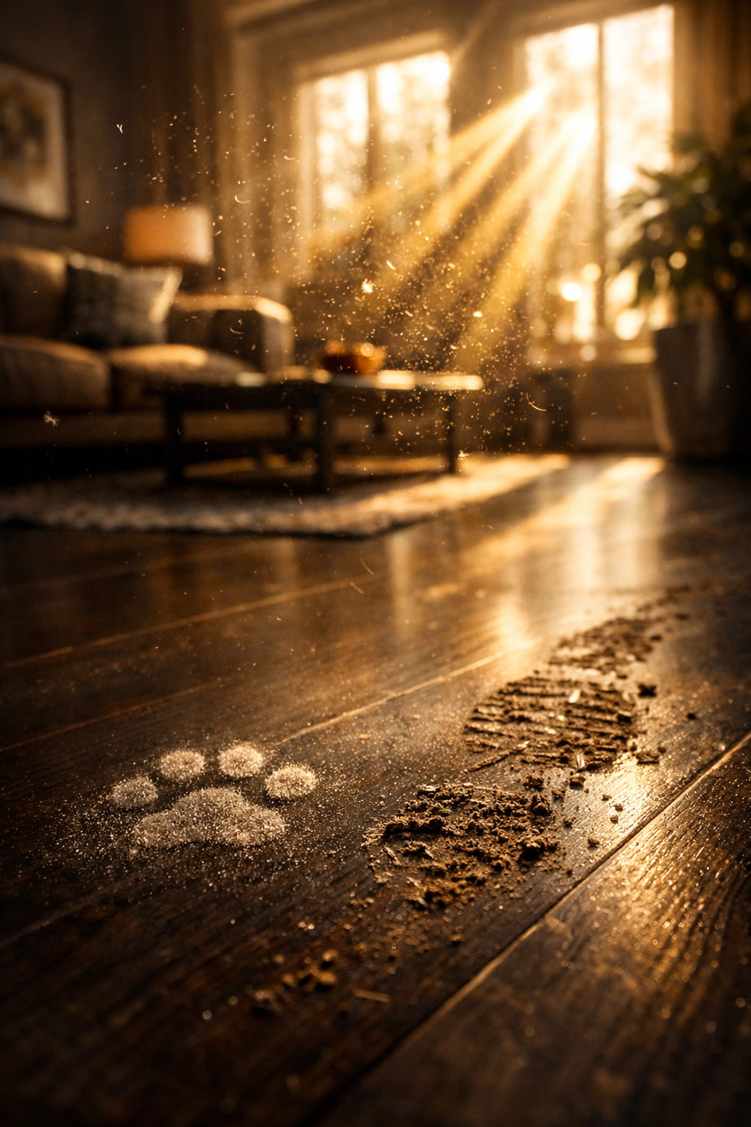 Visible dust and pet hair on hardwood floors from a bi-weekly house cleaning schedule.