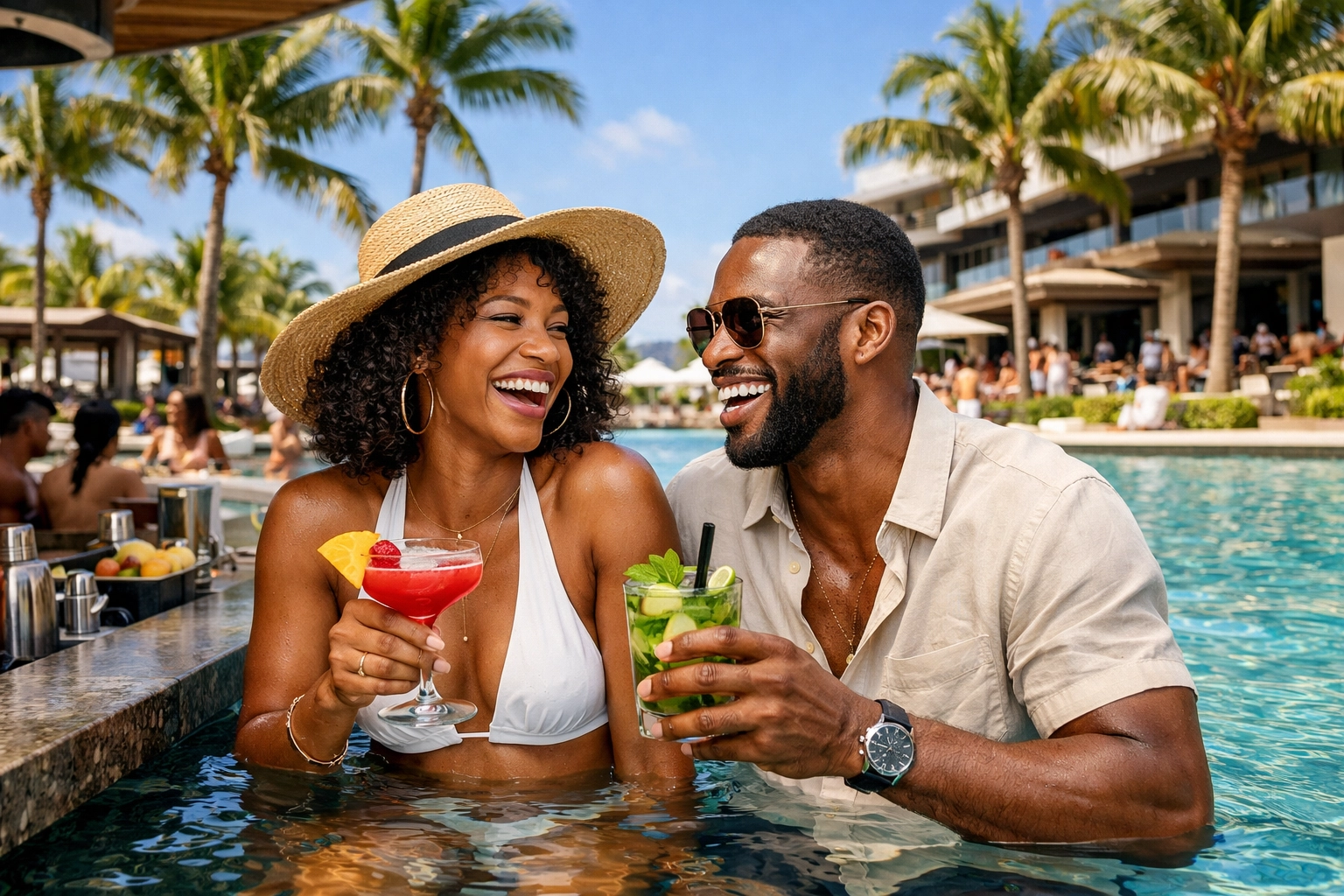Couple enjoying cocktails at a vibrant swim-up bar during a luxury lifestyle resort stay.