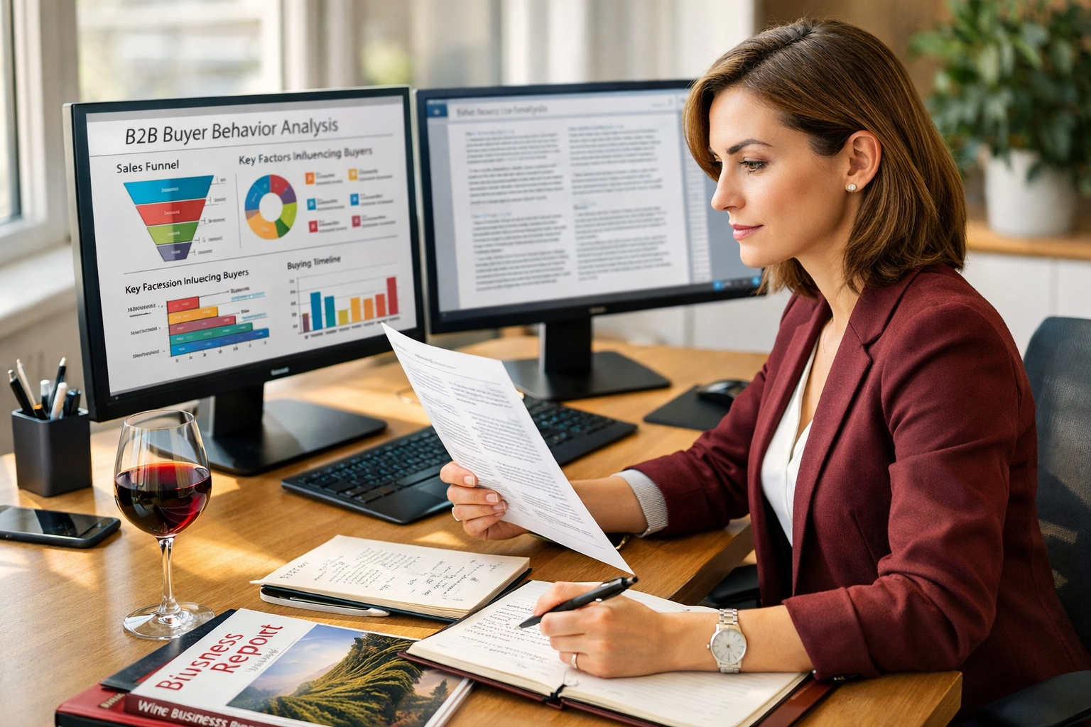 Wine industry researcher analyzing B2B buyer data and market trends at desk