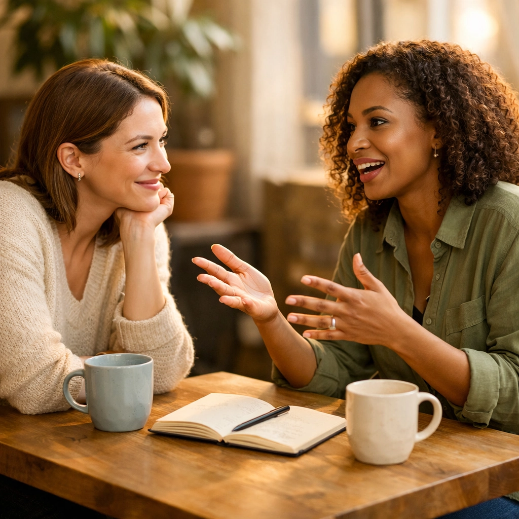 Two women connecting in a cafe, showing how to market a small business through authentic story-driven trust.