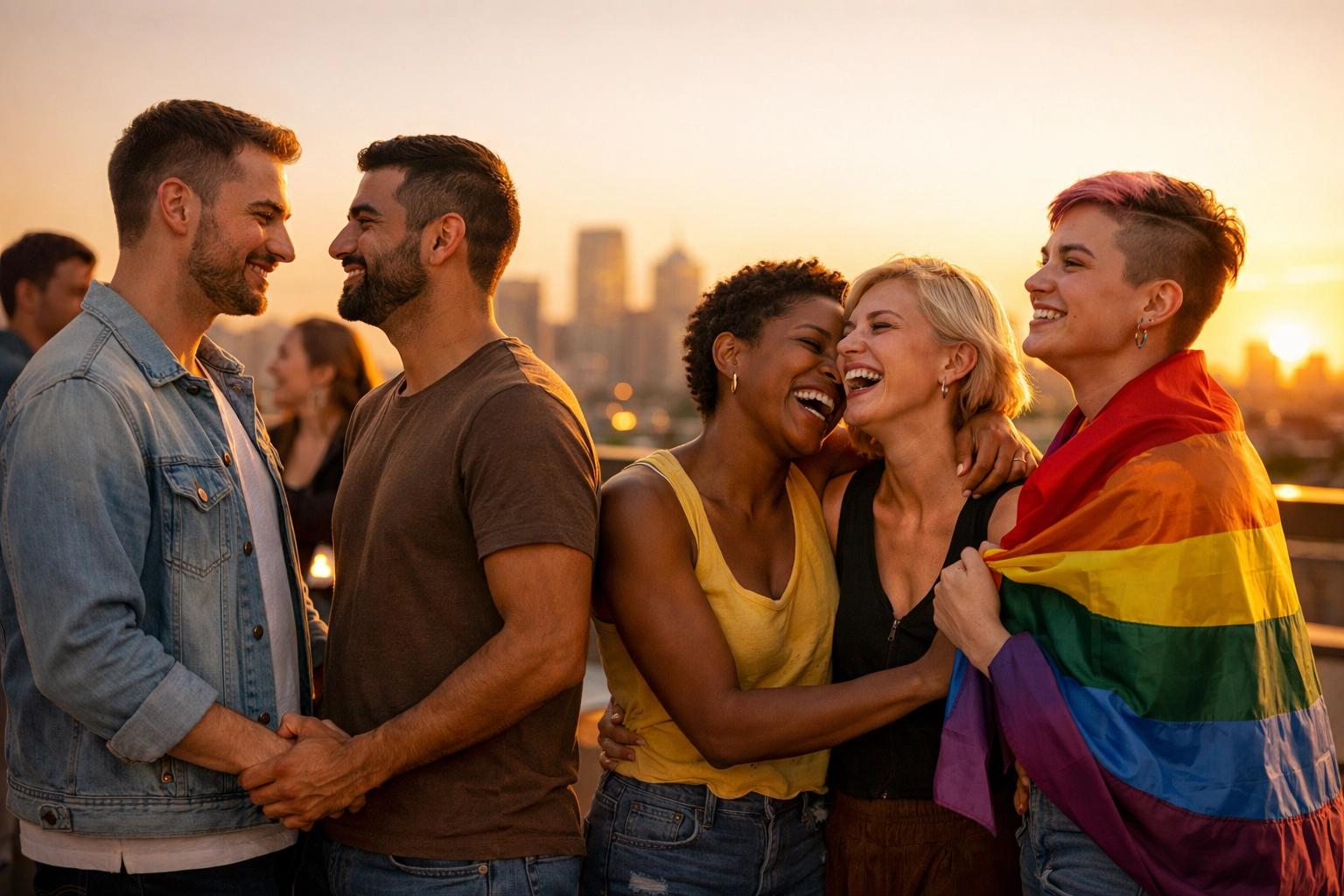 Diverse LGBTQ+ individuals celebrating together at sunset to honor IDAHOT and global community resilience.