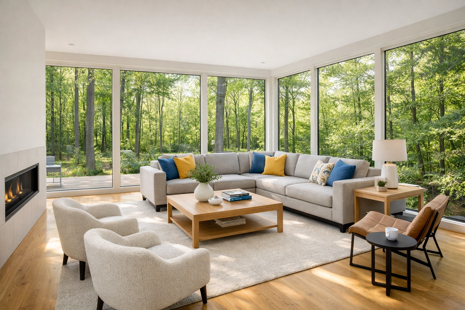 Pristine living room in Lincoln, MA with floor-to-ceiling windows, cleaned by professional services.