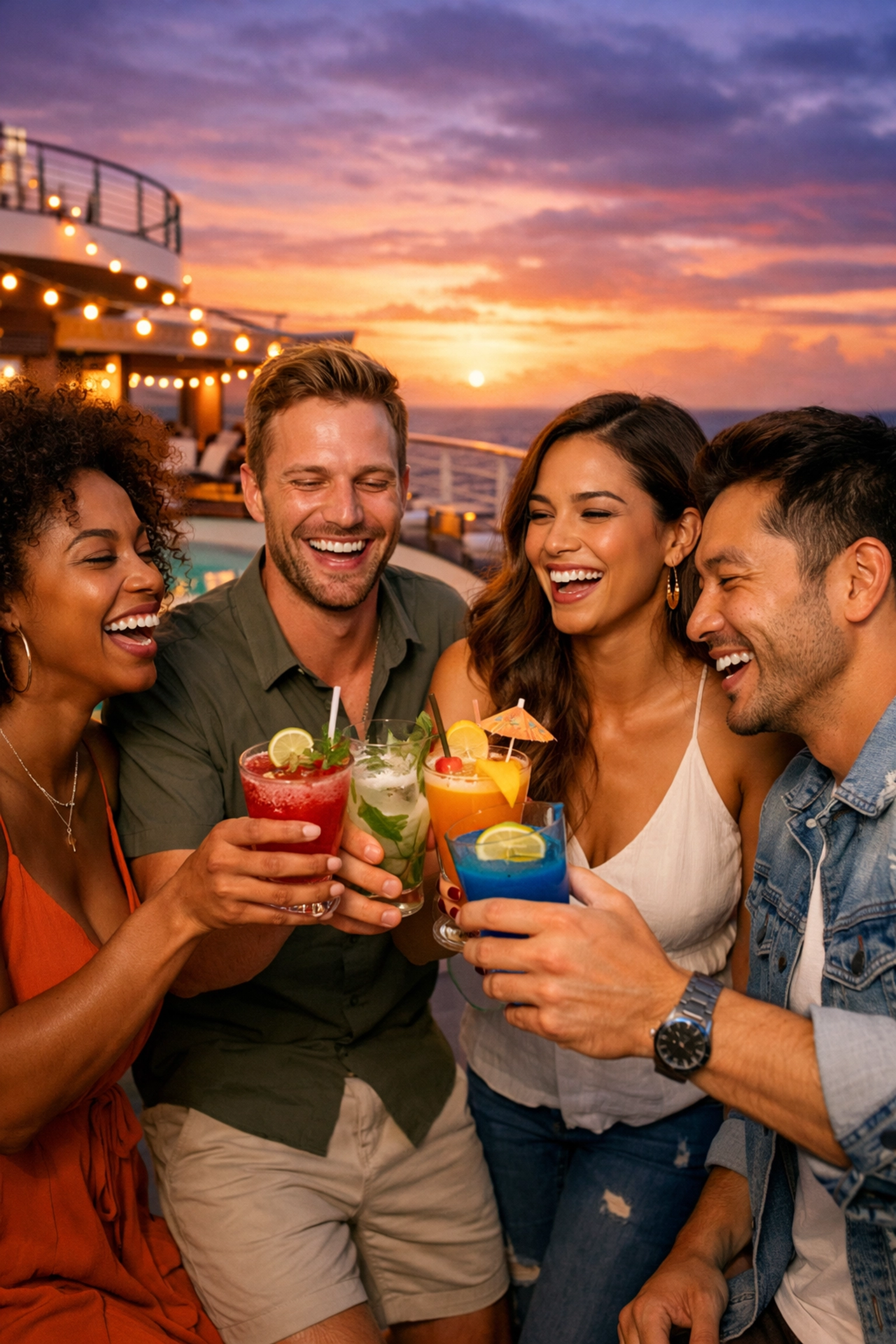 Friends sharing cocktails on a stylish cruise deck during a Virgin Voyages group vacation getaway.