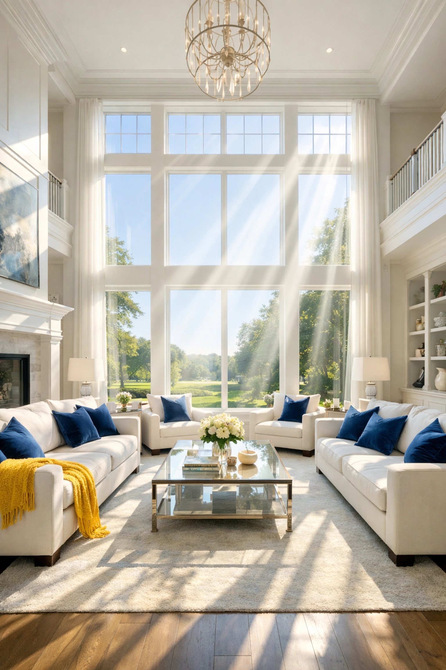Sunlit luxury living room featuring clean air from expert residential cleaning Massachusetts in a Dover home.