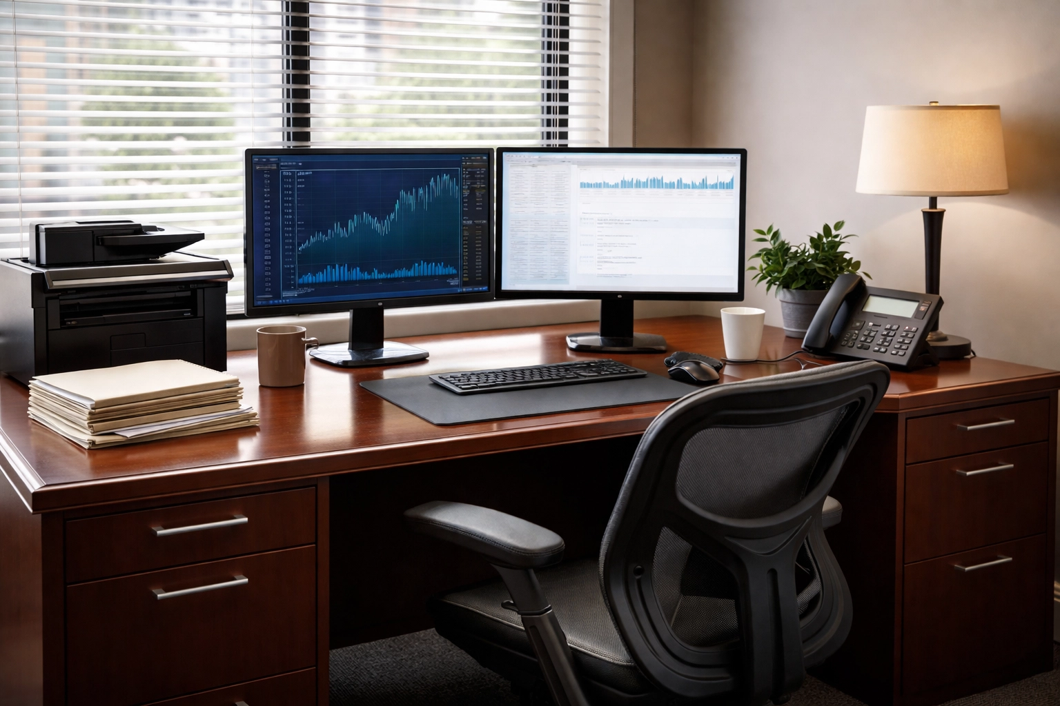 Organized workspace with computers and files illustrating business office property insurance coverage.