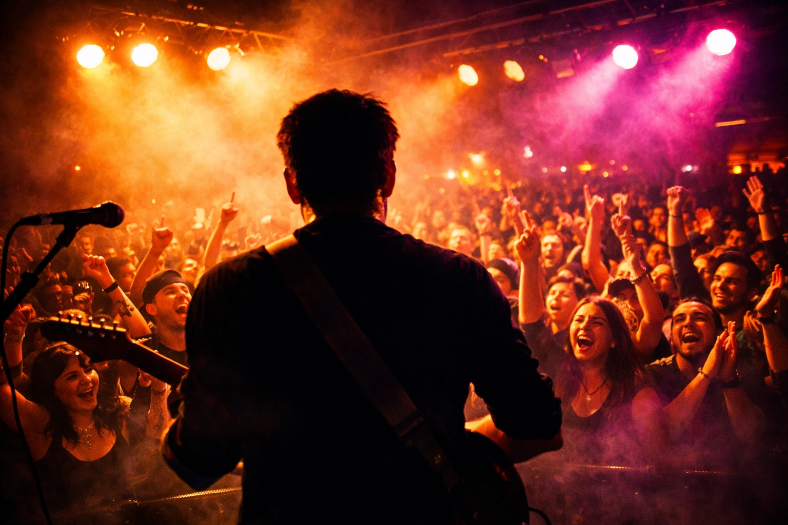 An independent artist performing a live concert for an energetic crowd under vibrant stage lights.