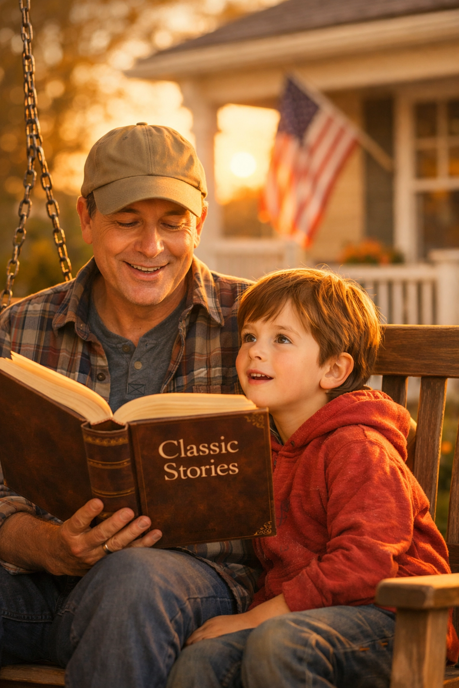 A parent and child reading together at home, fostering patriotic values and character development.