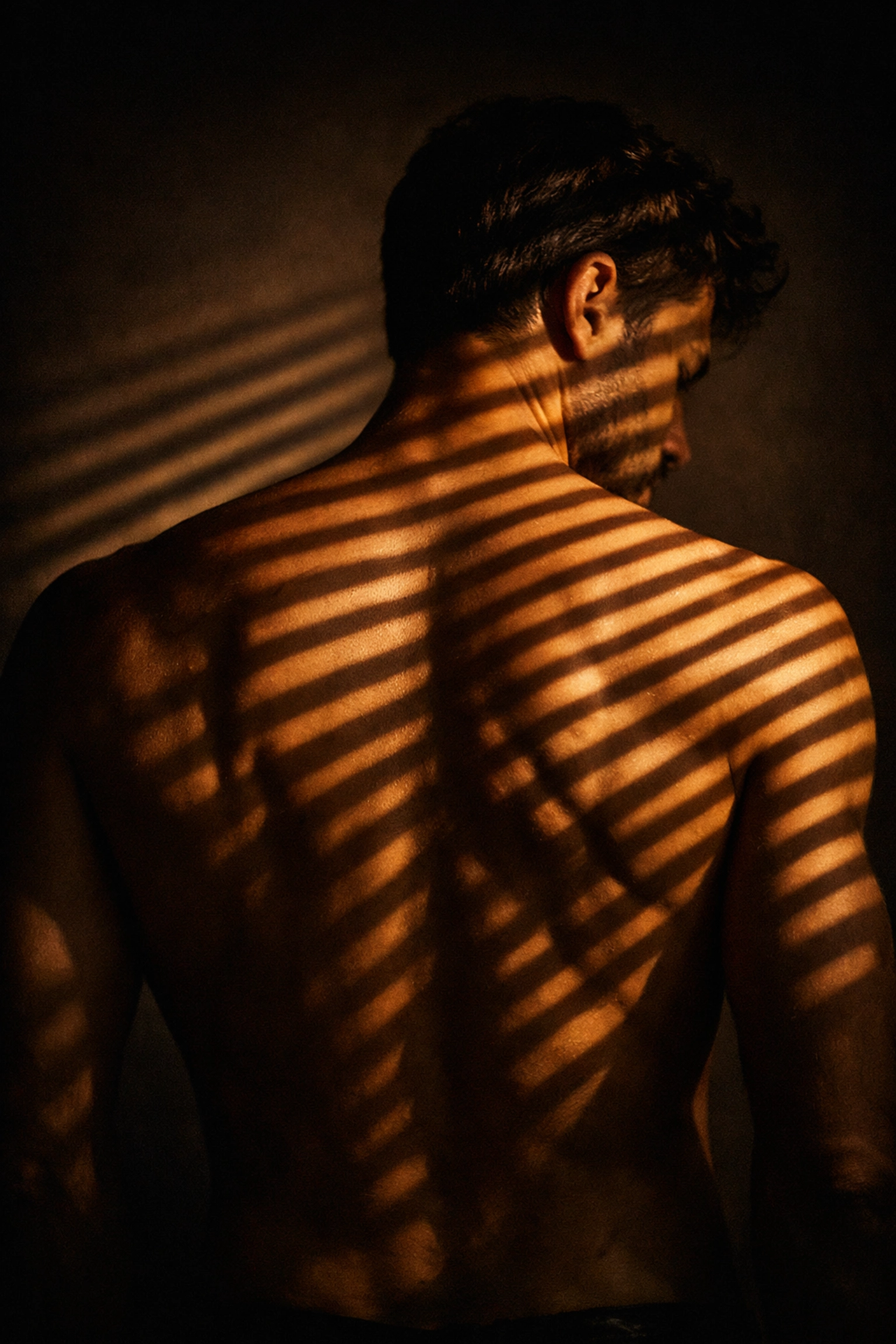 Artistic gobo lighting casting blind shadows on a man's back for gay romance book aesthetics.