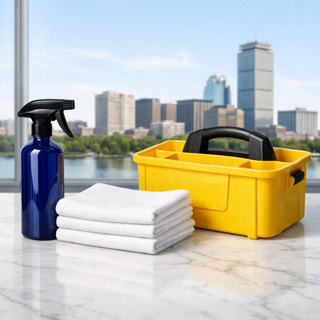 High-end cleaning supplies and tools ready for expert commercial cleaning in Boston.