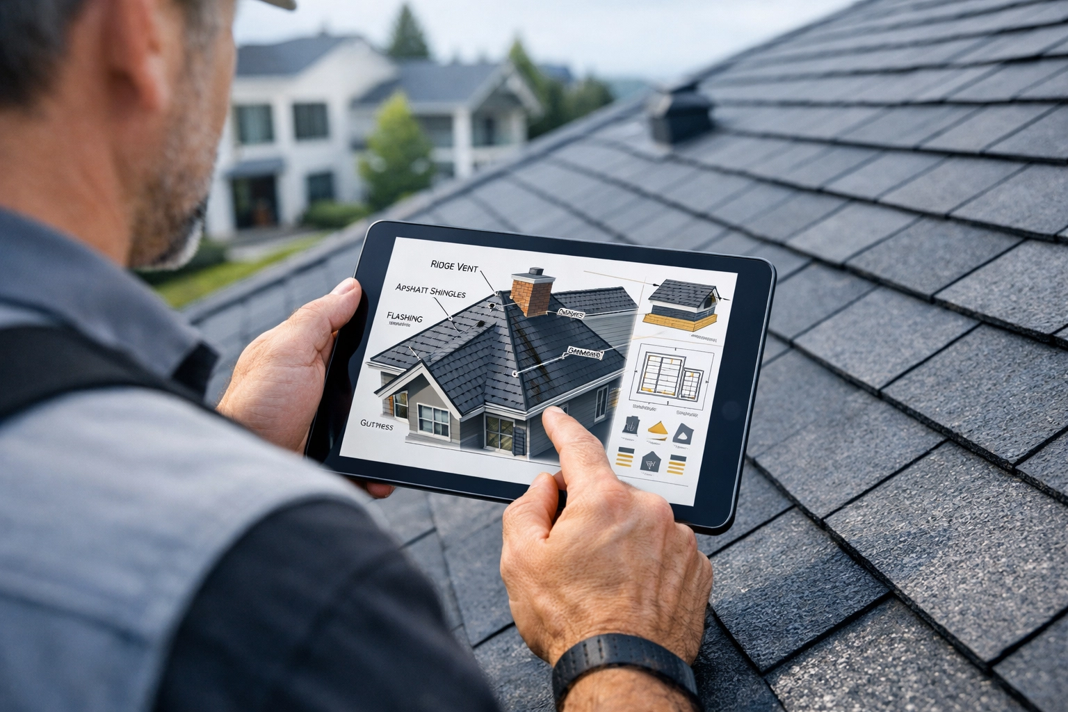 Roofing specialist conducting a professional digital roof survey on a residential tiled roof for maintenance.