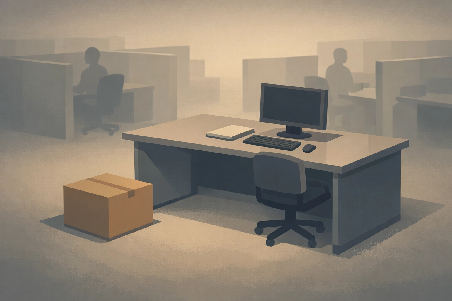 Empty office desk with cardboard box after employee layoff in corporate workplace