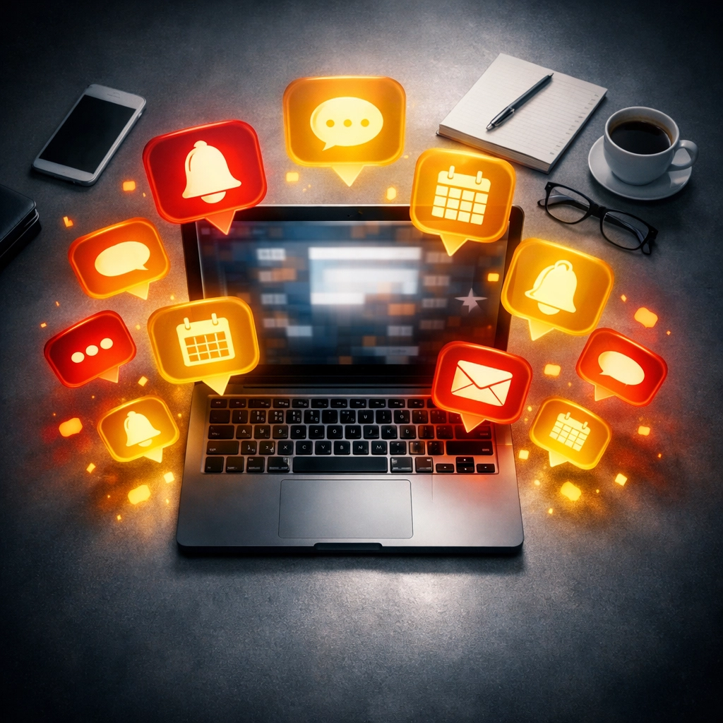 Office workspace overwhelmed by AI notification alerts causing sensory overload and digital fatigue