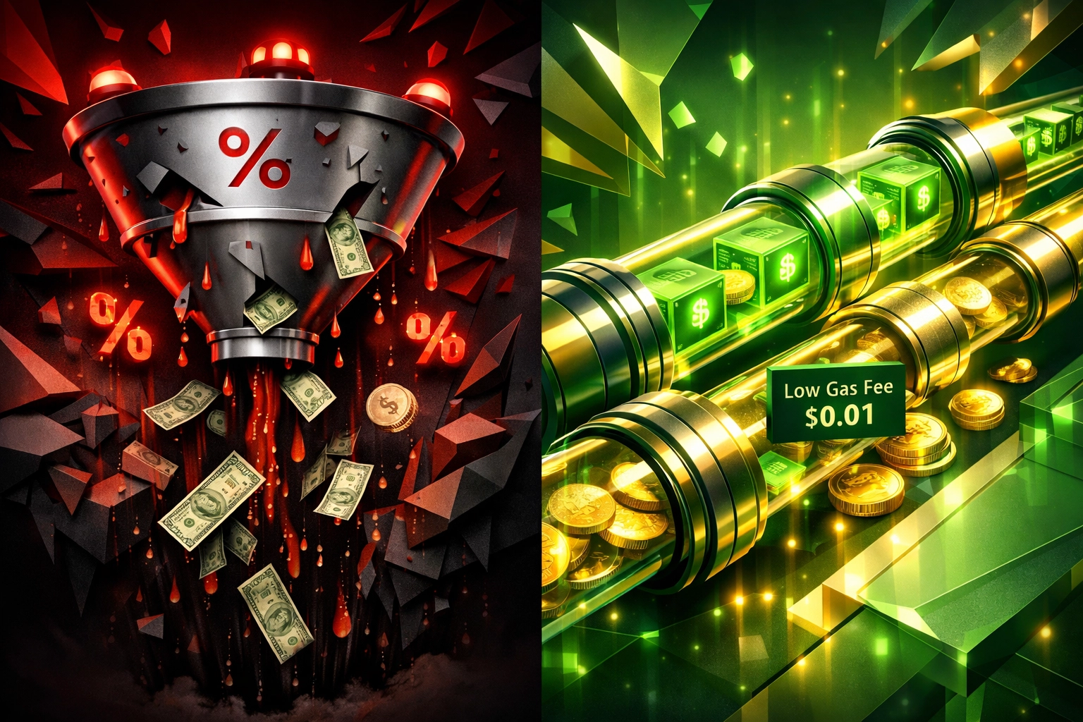 Comparison of traditional crypto processor percentage fees versus blockchain gas-only transaction costs