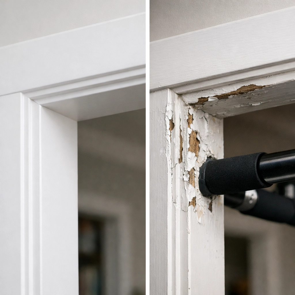 Door frame before and after pull-up bar damage showing scratches and dents