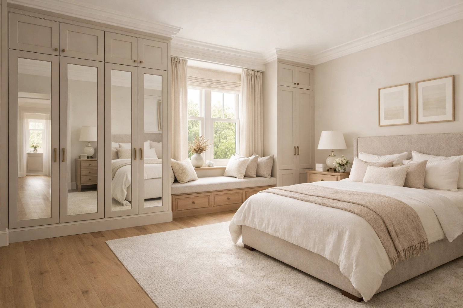 Luxury bedroom design featuring fitted wardrobes and a window seat by Derby designers.