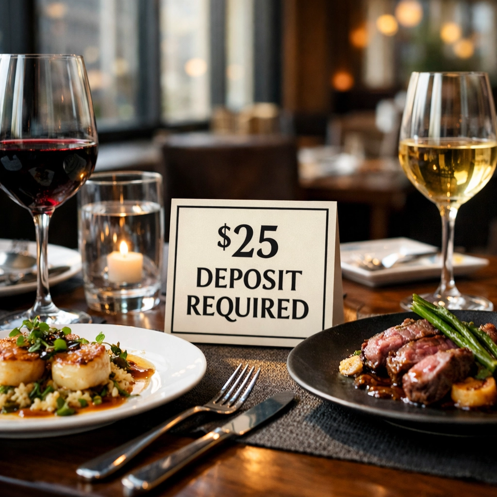 Fine dining table setting with $25 deposit required sign for restaurant reservation