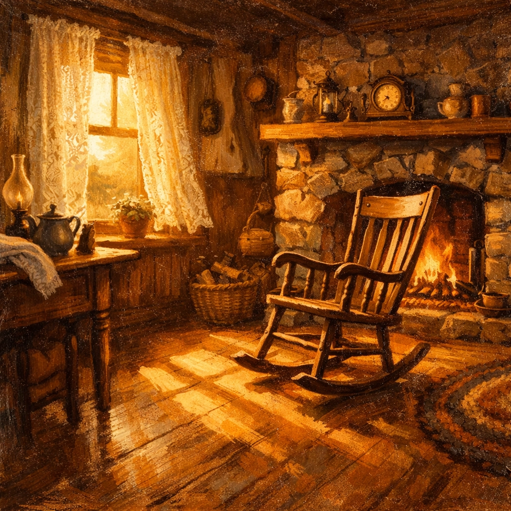 A quiet farmhouse interior with soft morning light, reflecting a peaceful time of waiting.