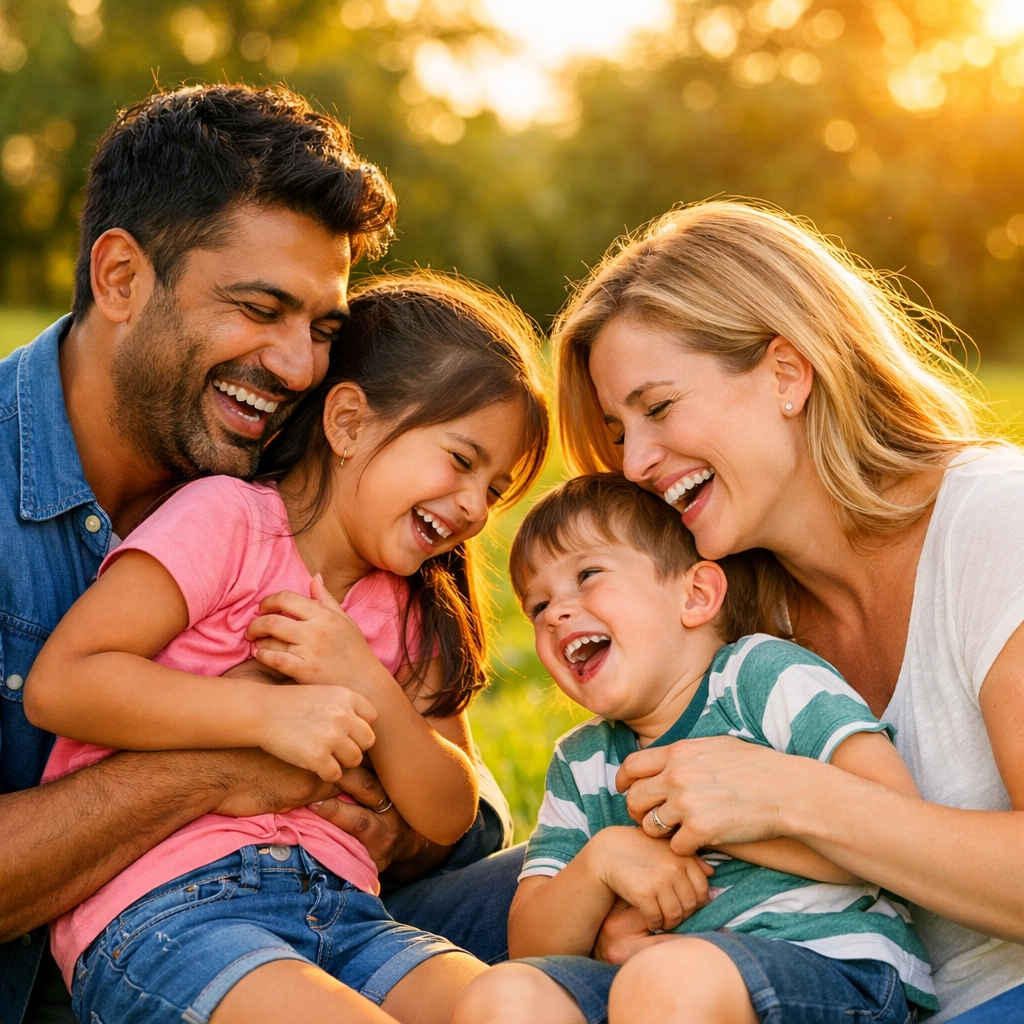 Happy family in a park showing qualifying relatives for a J-1 exceptional hardship waiver application.