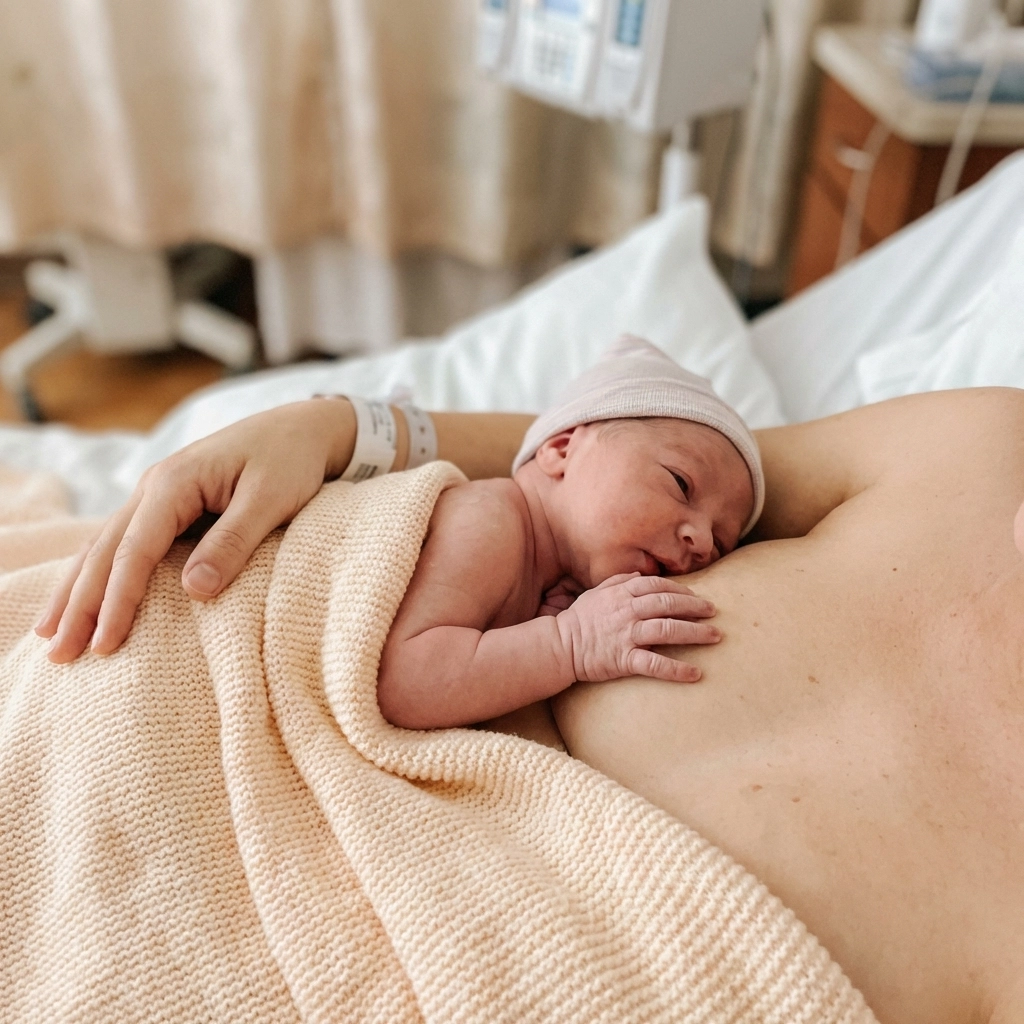 Newborn baby instinctively finding breast during skin-to-skin contact in golden hours after birth