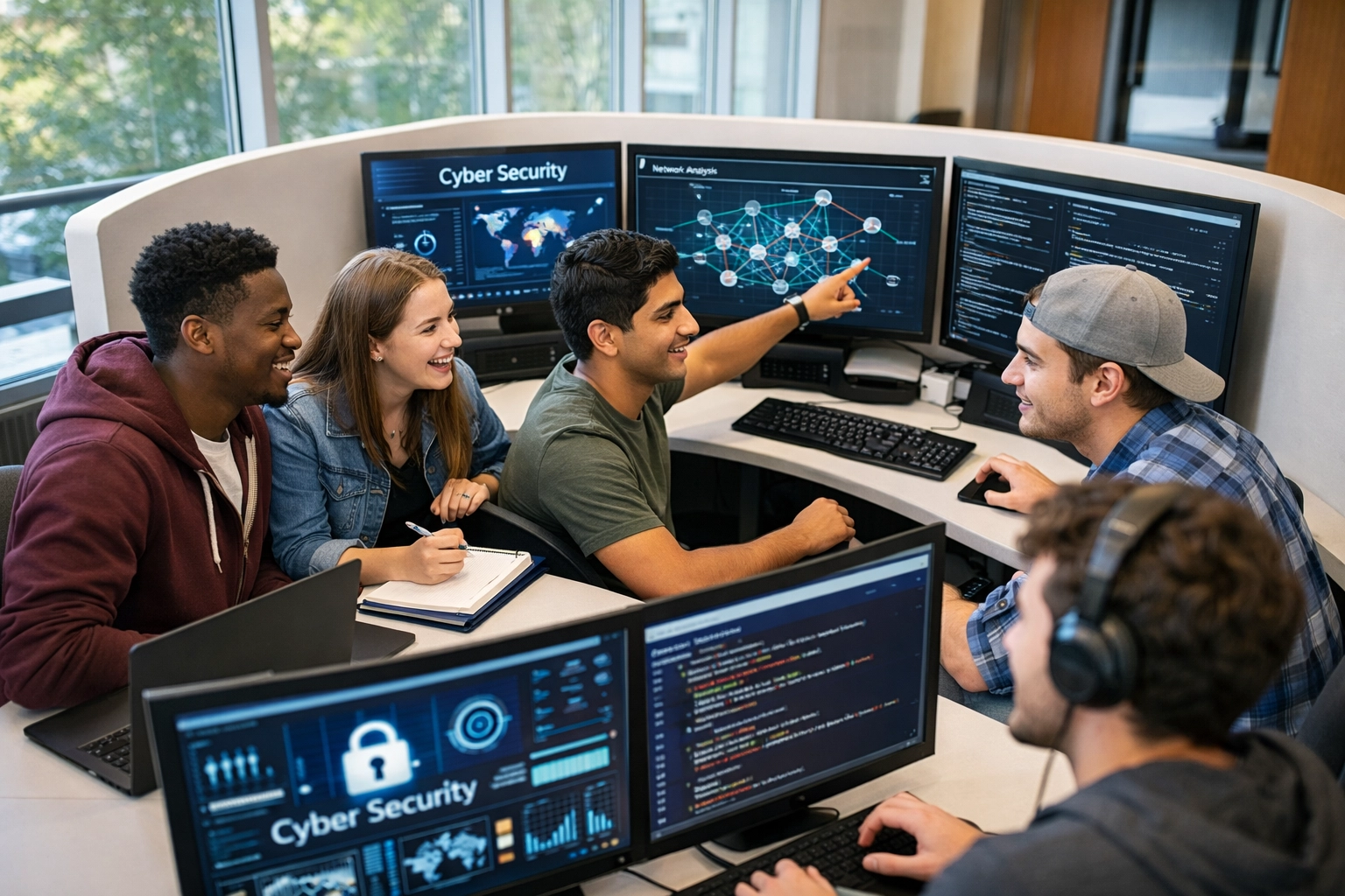 College students collaborating in learning pod environment with multiple monitors and technology