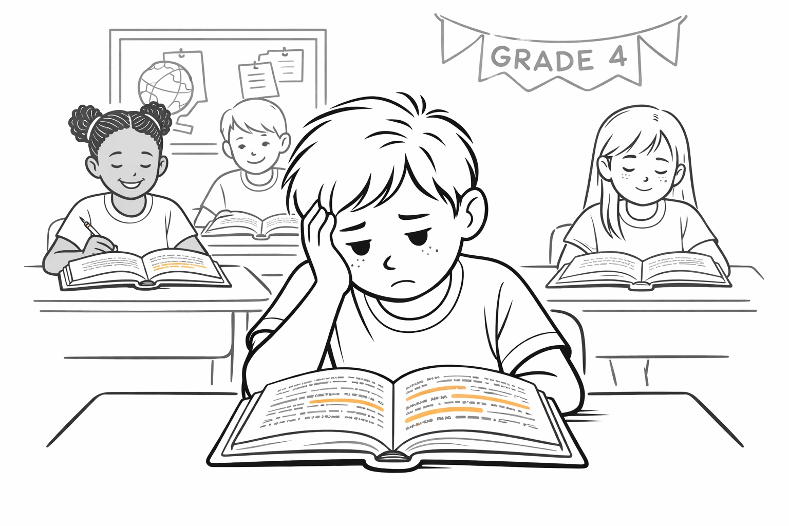 Fourth grade students in classroom facing challenging reading texts and dense textbooks