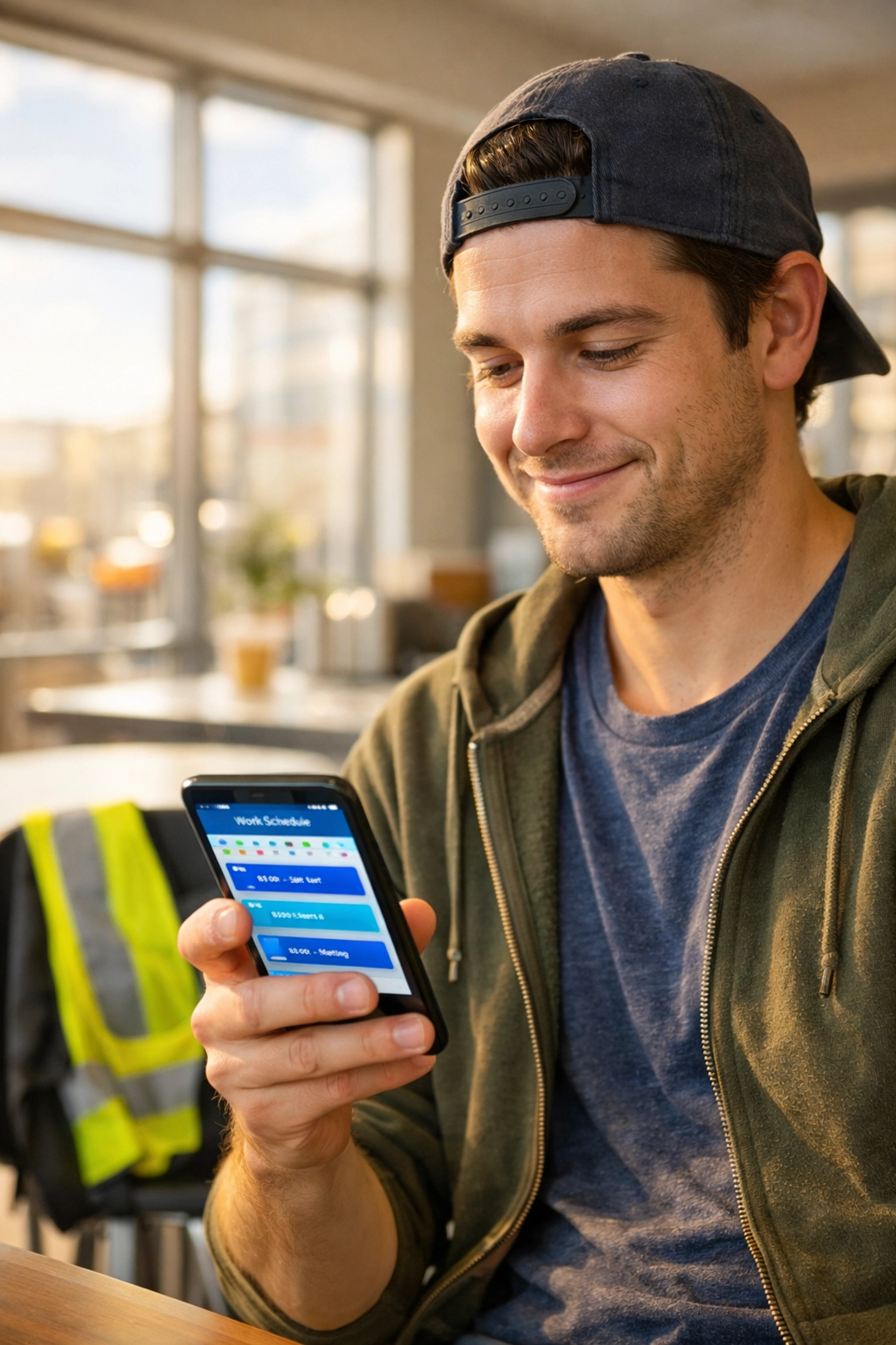 Warehouse employee checking flexible work schedule on smartphone in Indianapolis facility