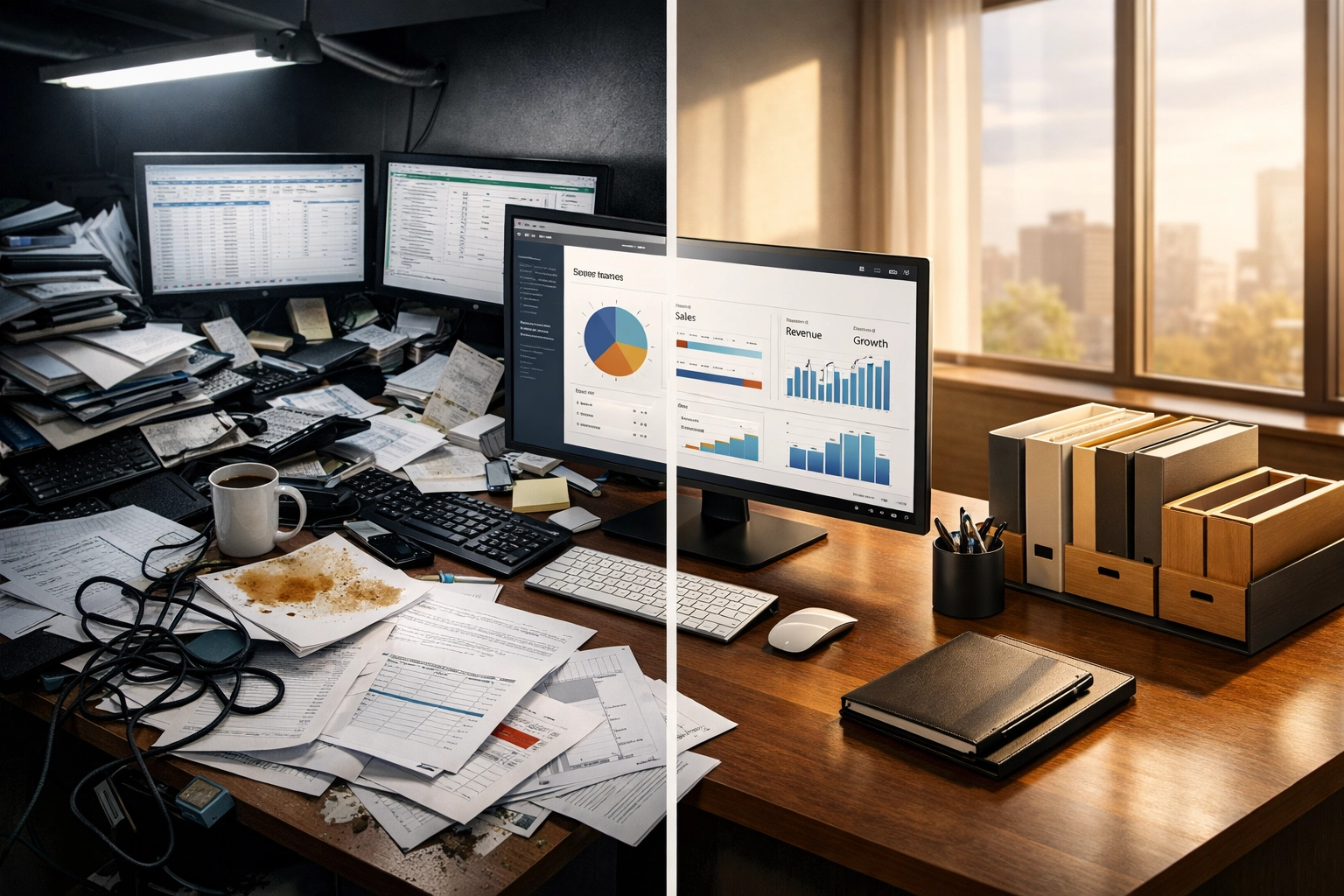 Chaotic desk with spreadsheets vs organized office showing family office professionalization
