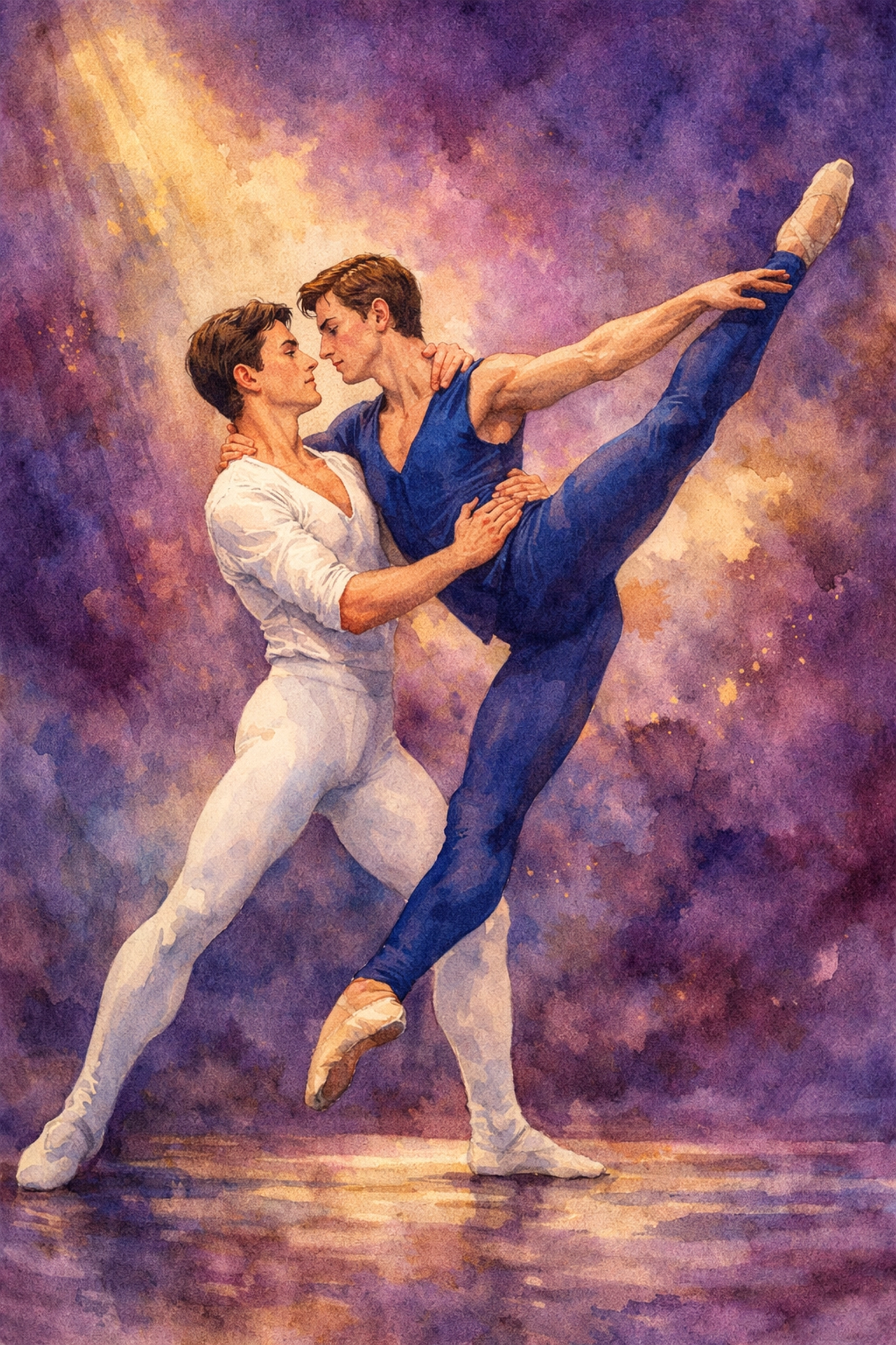 Male ballet dancers in classical arabesque lift - LGBTQ+ partnership and artistry on stage