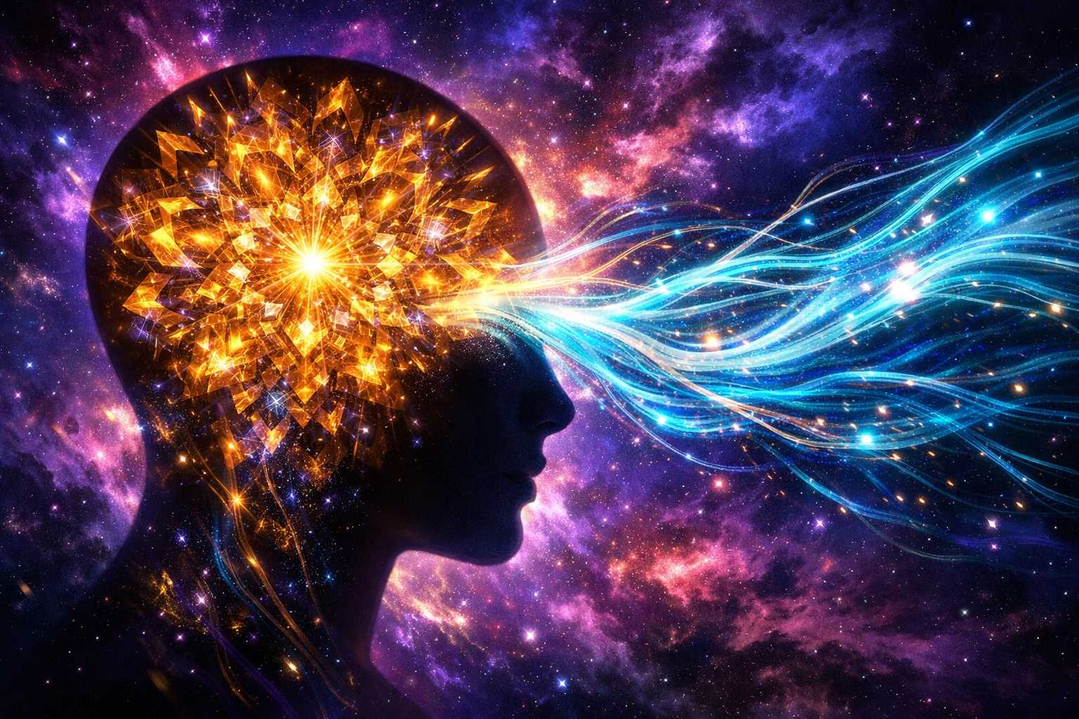 Silhouette with a glowing fractal mind representing flow states and nervous system regulation.