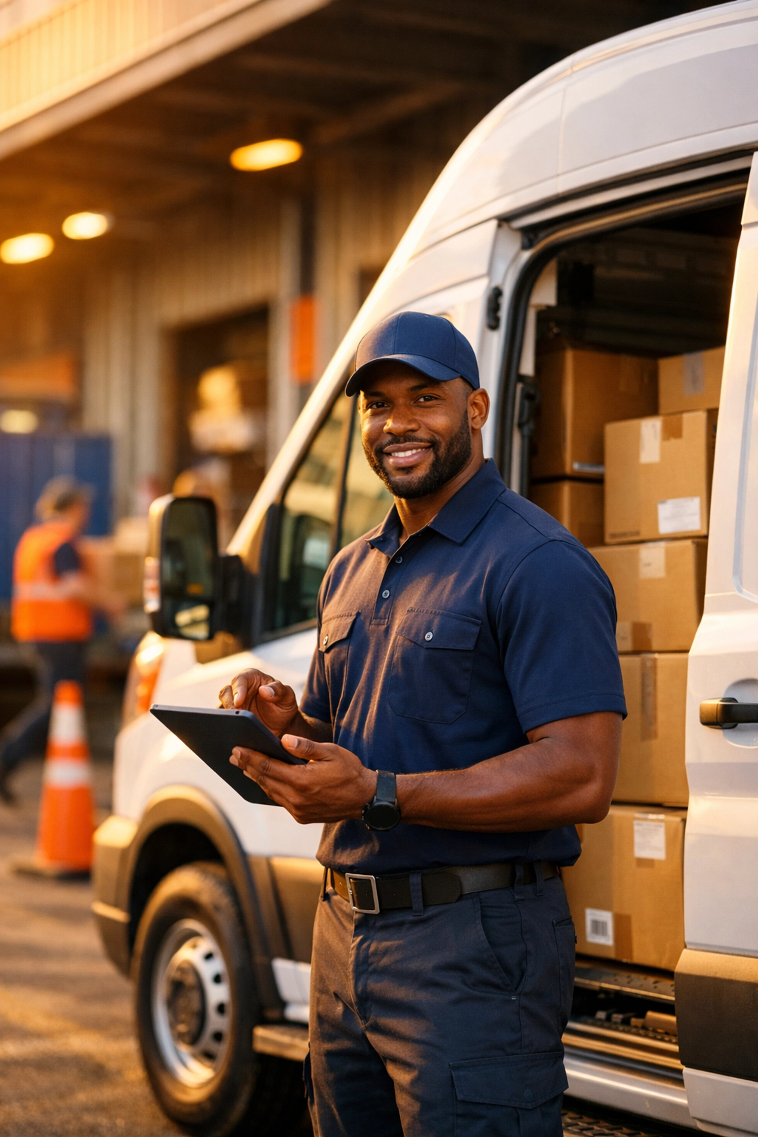 PSI delivery driver using digital tracking tablet for domestic delivery network shipment verification