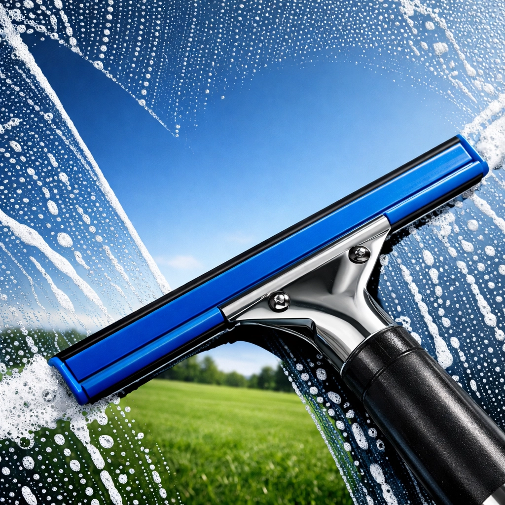 Professional squeegee removing grime to reveal streak-free, crystal-clear window glass.