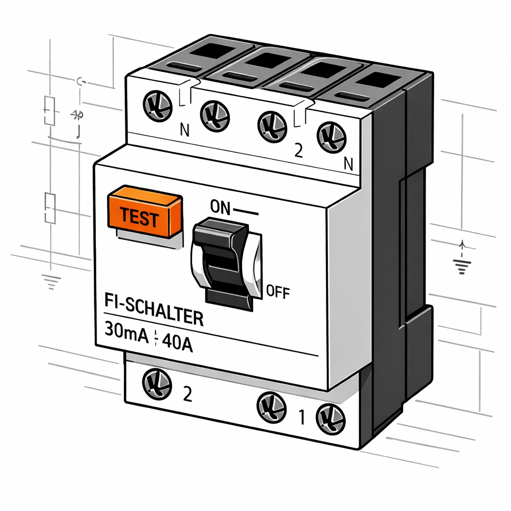 Schematische Darstellung eines FI-Schutzschalters zur Prüfung der elektrischen Sicherheit.