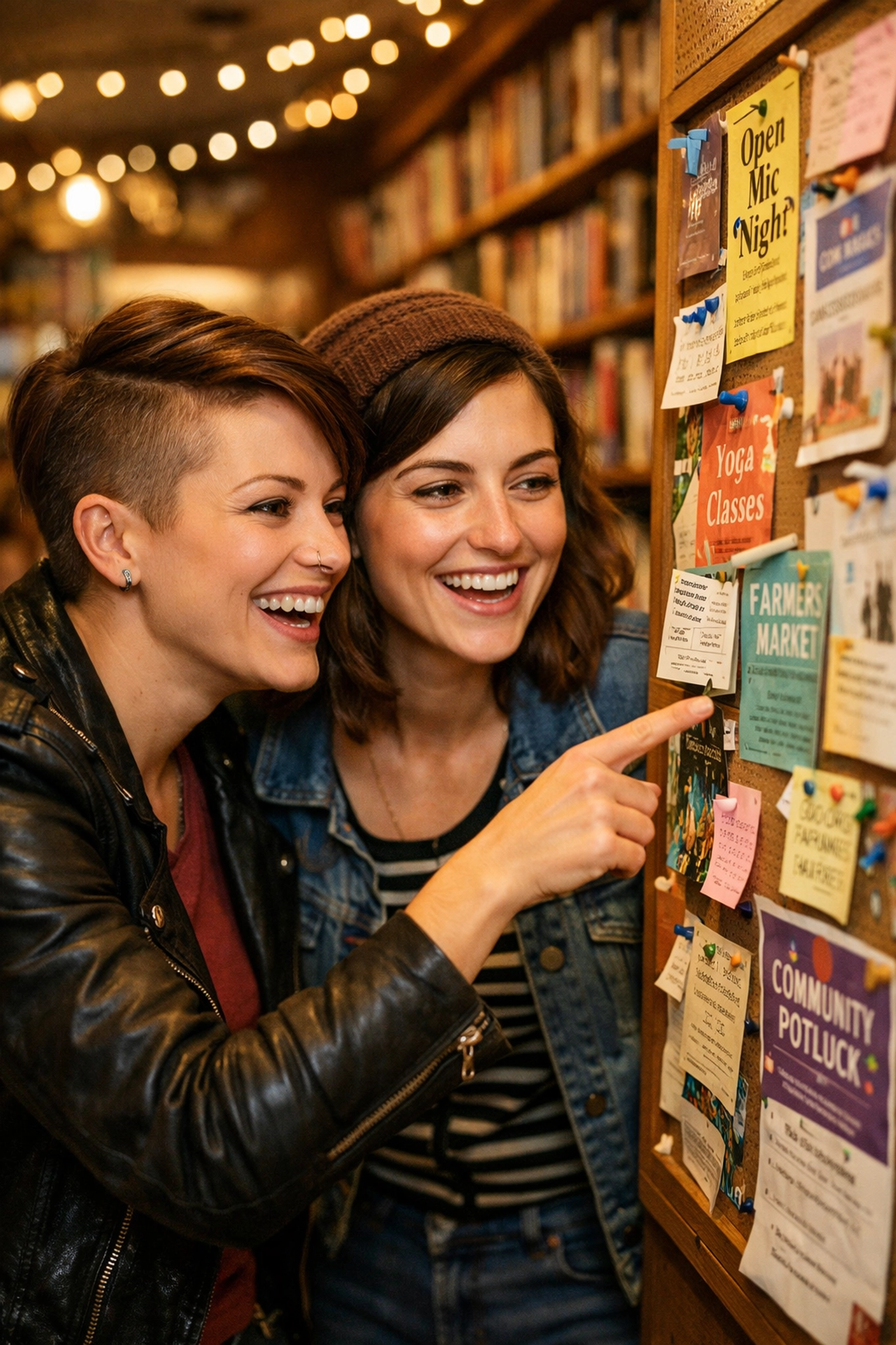 Lesbian couple discovering local LGBTQ+ events on a bulletin board in an inclusive bookstore venue.