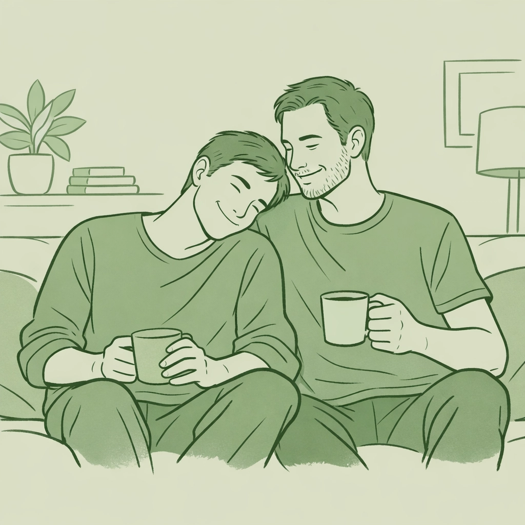 Contemporary MM romance: two men sharing coffee and emotional connection on couch