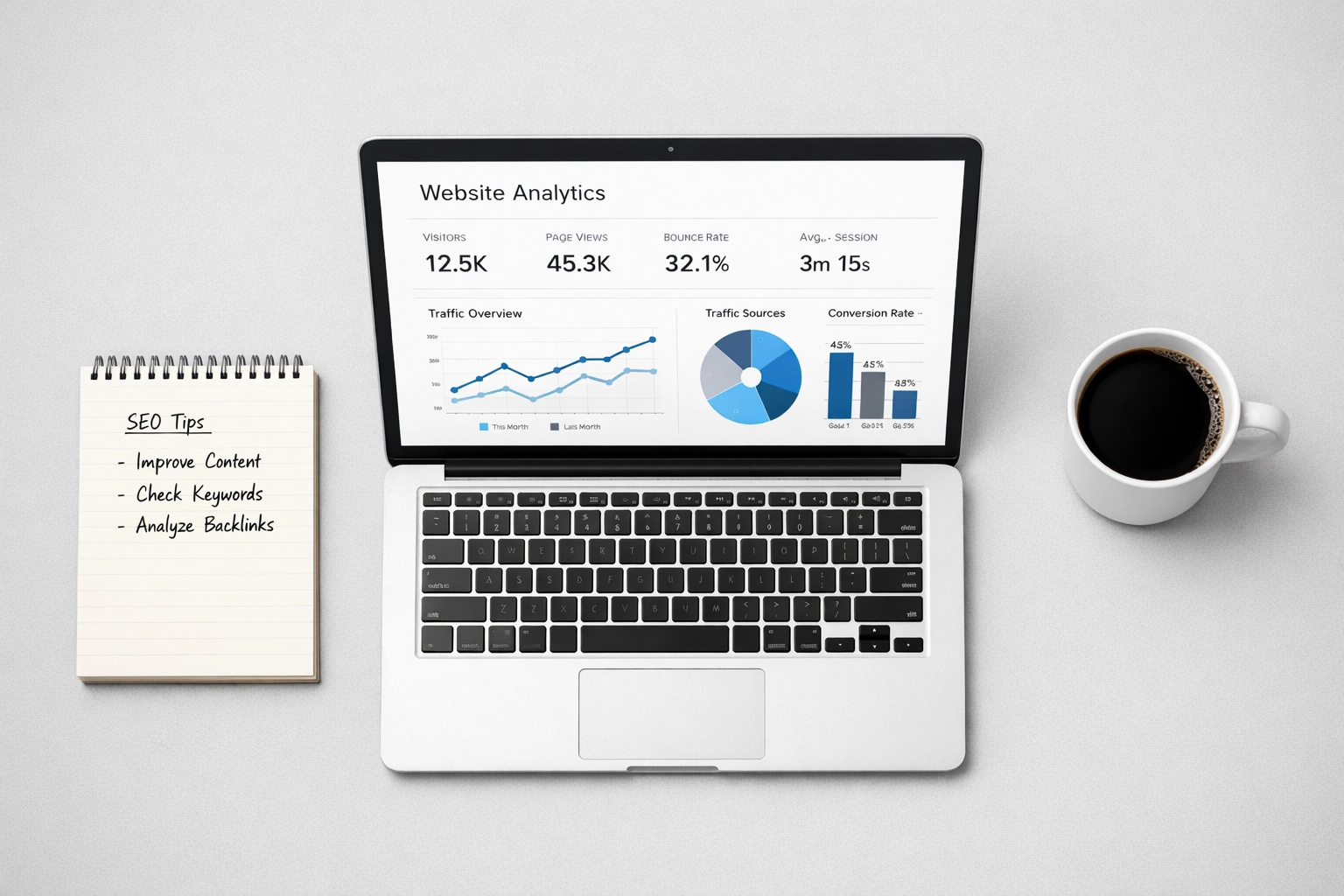 Laptop showing local SEO analytics and performance tracking metrics for detailing business