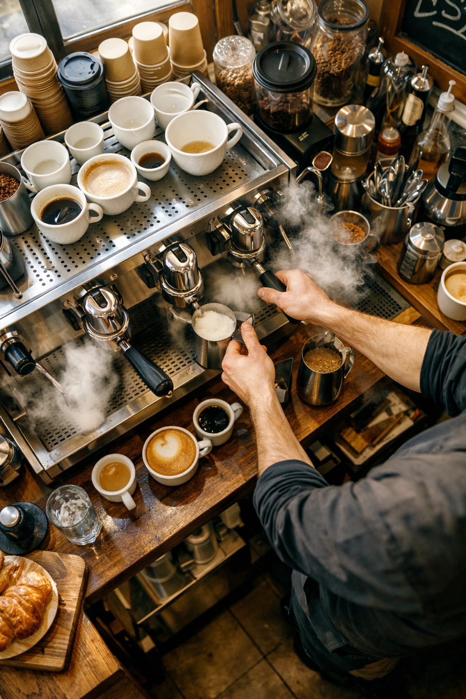 Barista working with commercial coffee equipment during busy morning rush hour