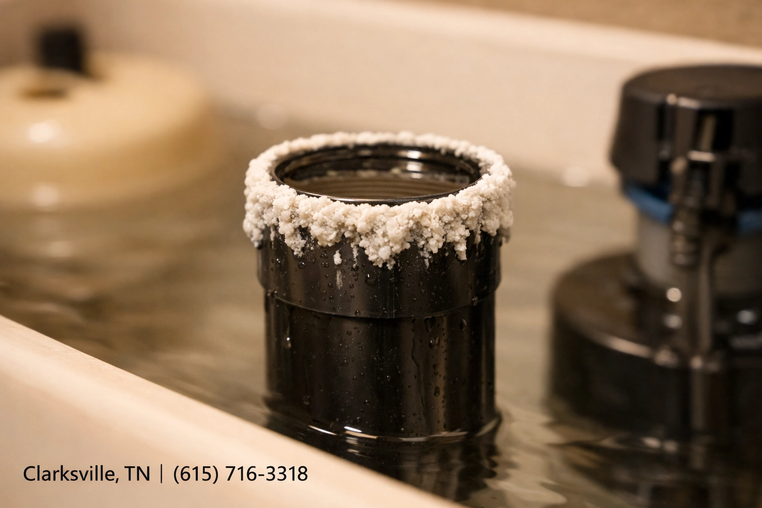 Mineral buildup on a toilet overflow tube showing water levels too high for proper shutoff.