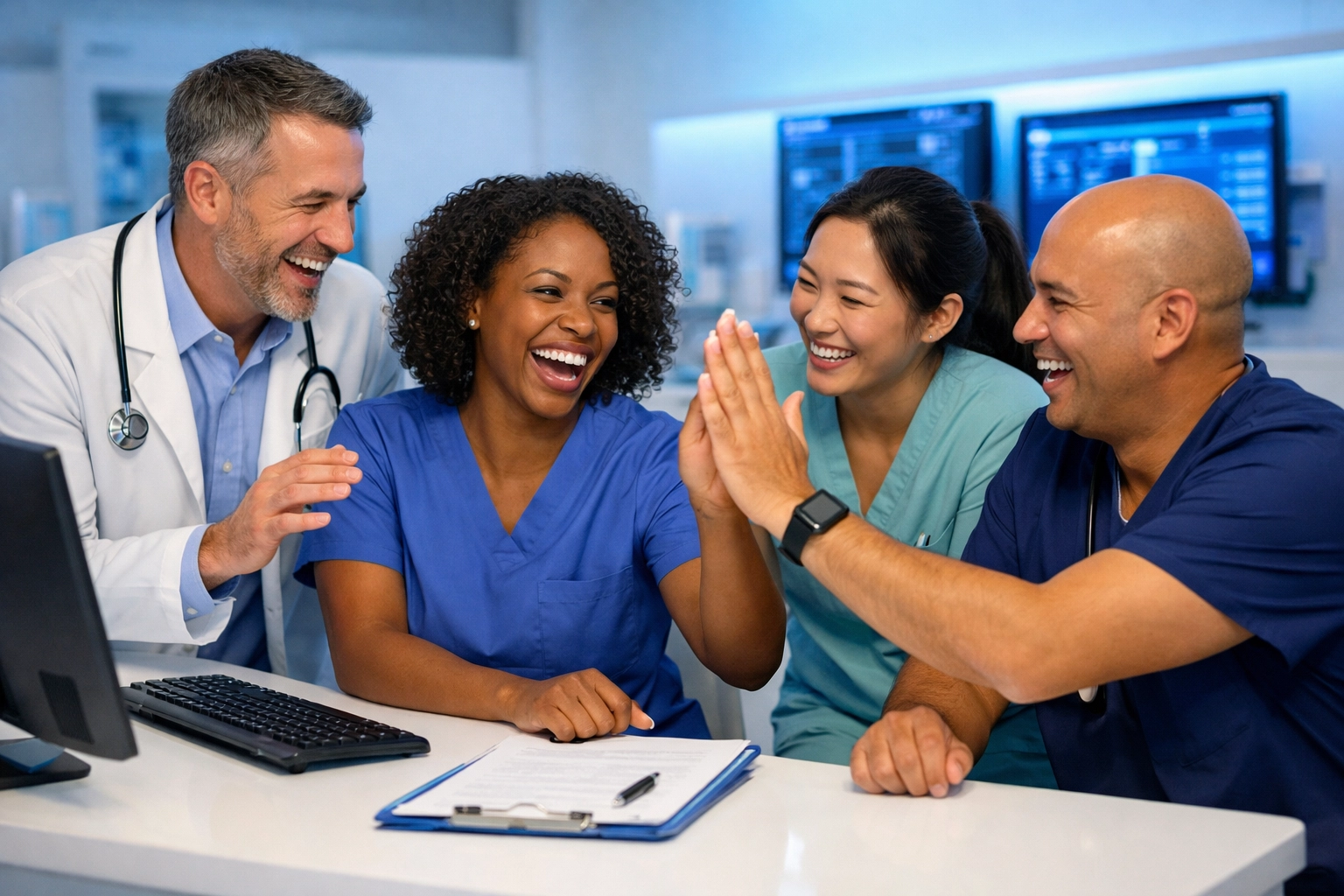 Diverse medical team collaborating at a modern nurse station to improve clinic workforce flexibility.