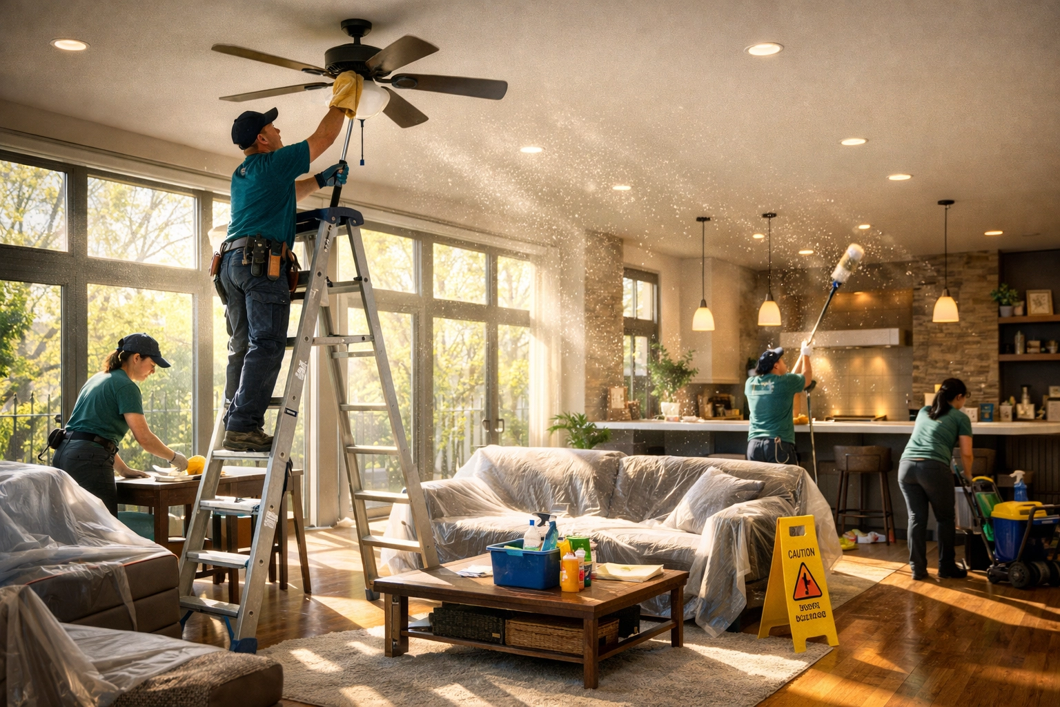 Spring cleaning team maintaining common area ceiling fans and high surfaces in apartment building