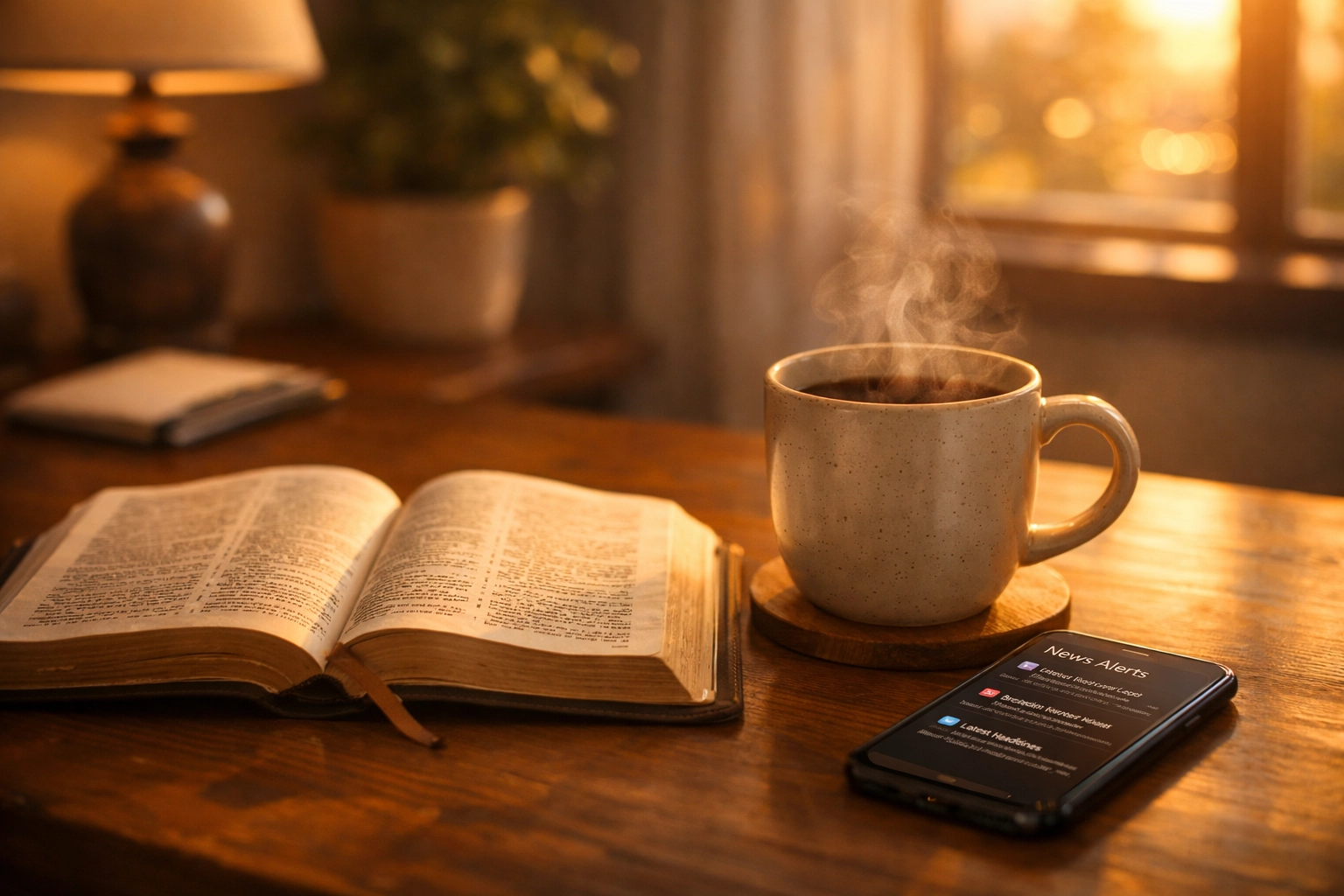 Bible and coffee on peaceful desk representing trustworthy biblical news consumption