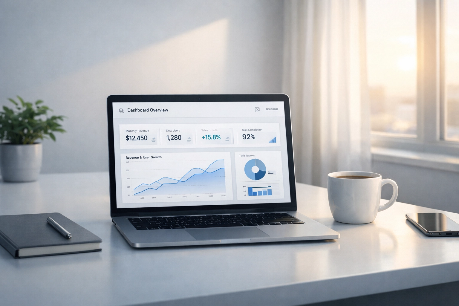 Clean workspace with optimized client portal dashboard showing reclaimed productivity time